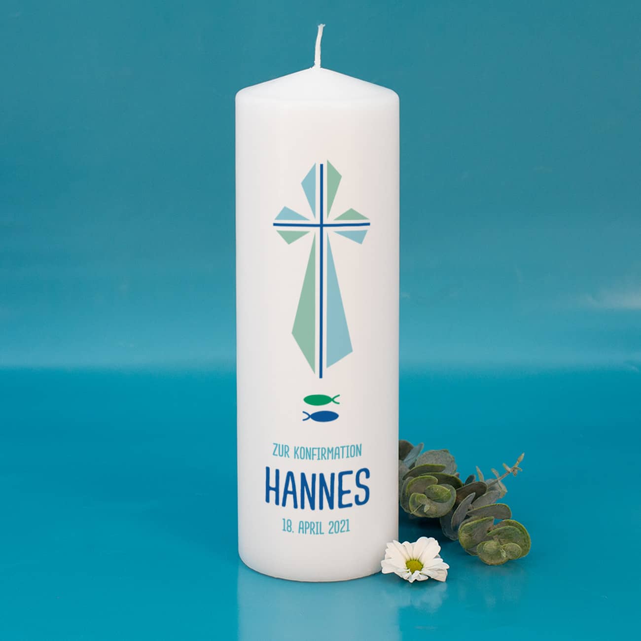 Konfirmationskerze mit Psalm und Kreuz