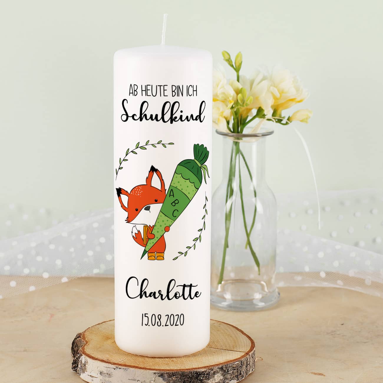 Ab heute bin ich Schulkind - Kerze mit Fuchs zur Einschulung