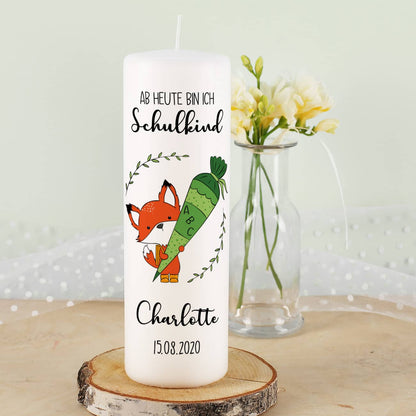 Ab heute bin ich Schulkind - Kerze mit Fuchs zur Einschulung
