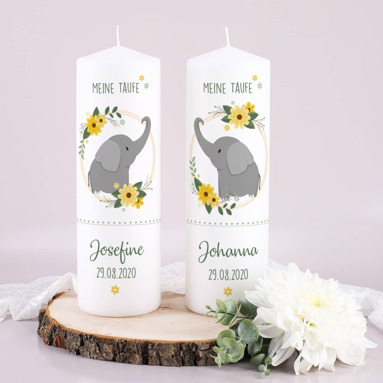 Taufkerzen im Set für Zwillinge mit süßem Elefantenmotiv