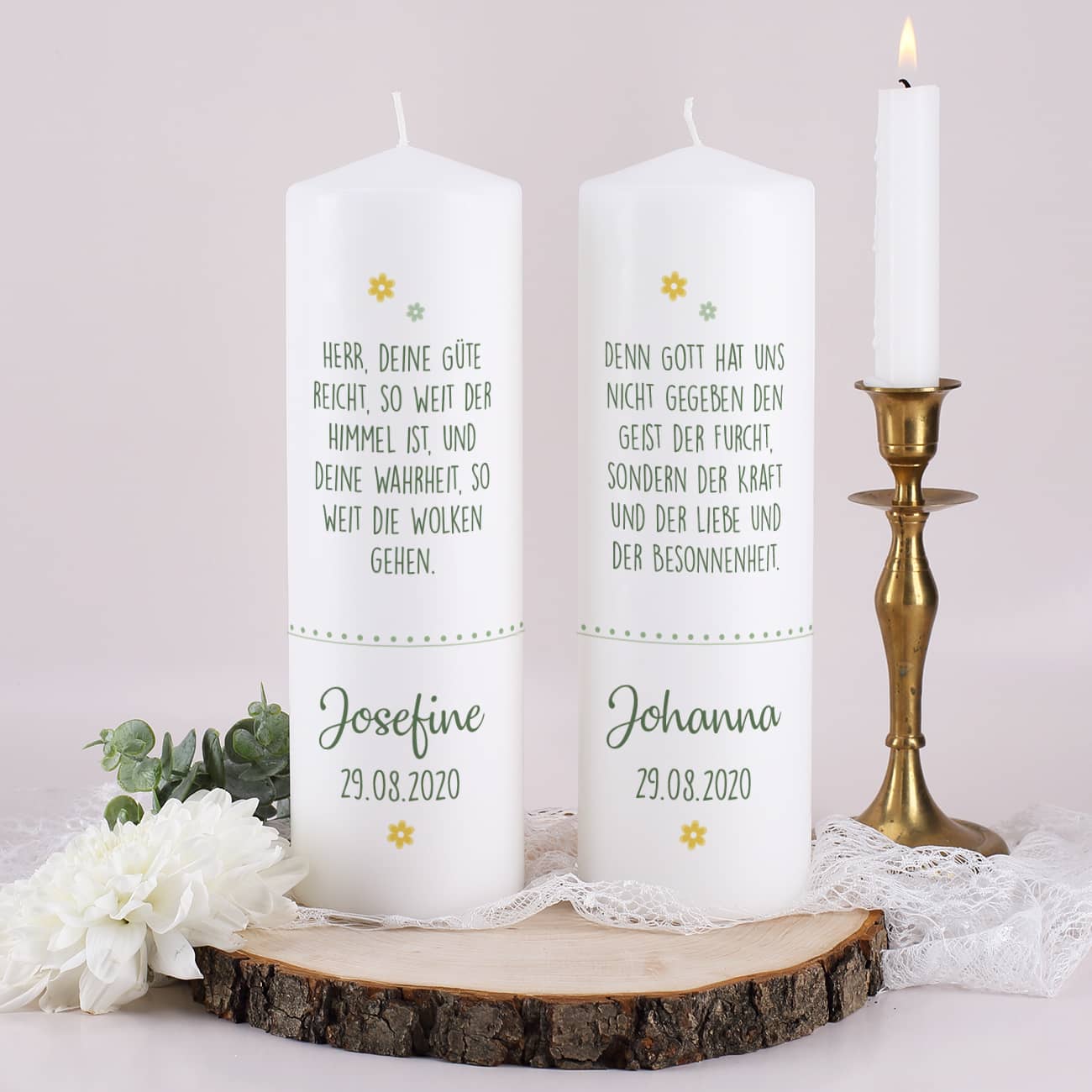 Taufkerzen mit Namen, Datum und Text