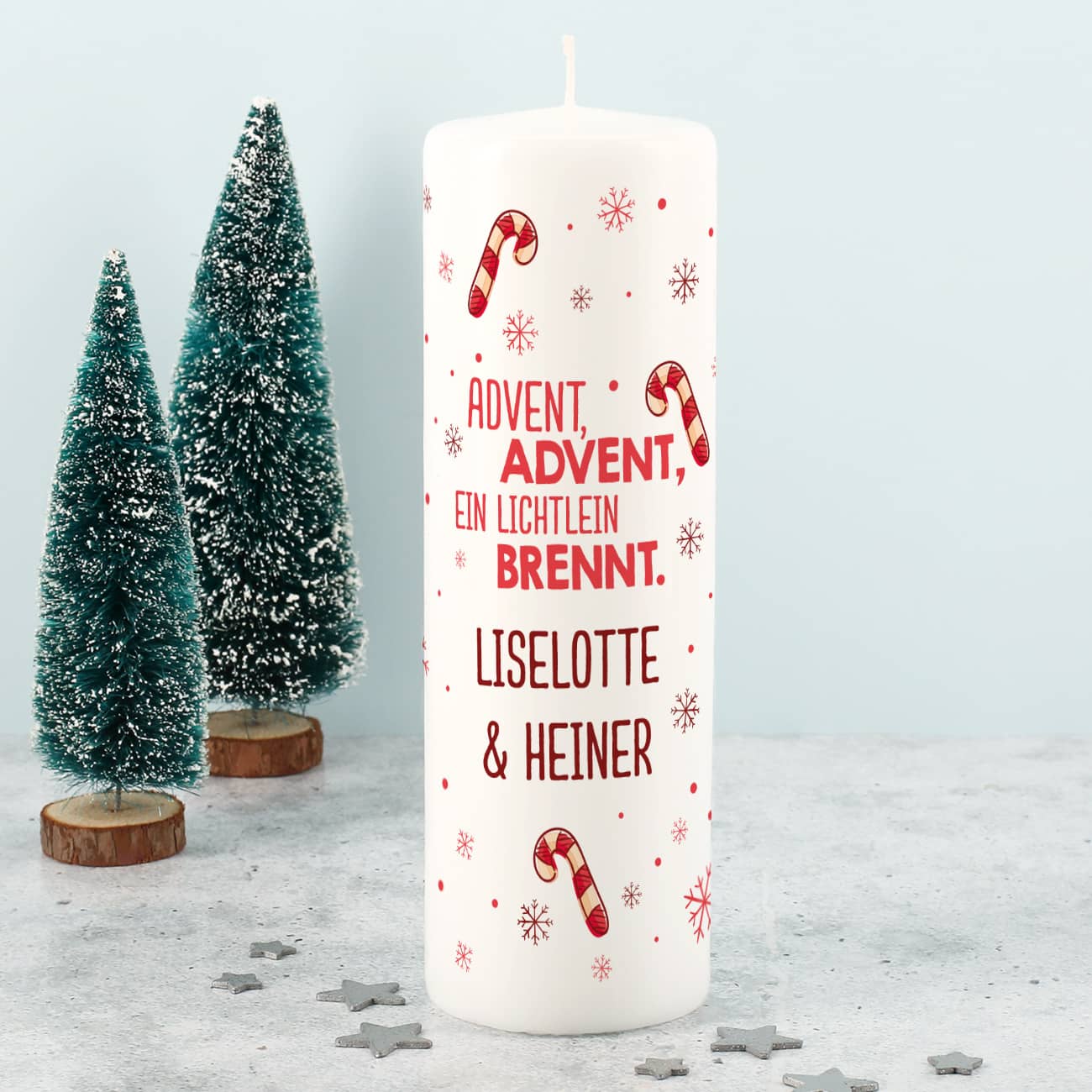 Adventskalender Kerze mit Zuckerstangen und Wunschtext