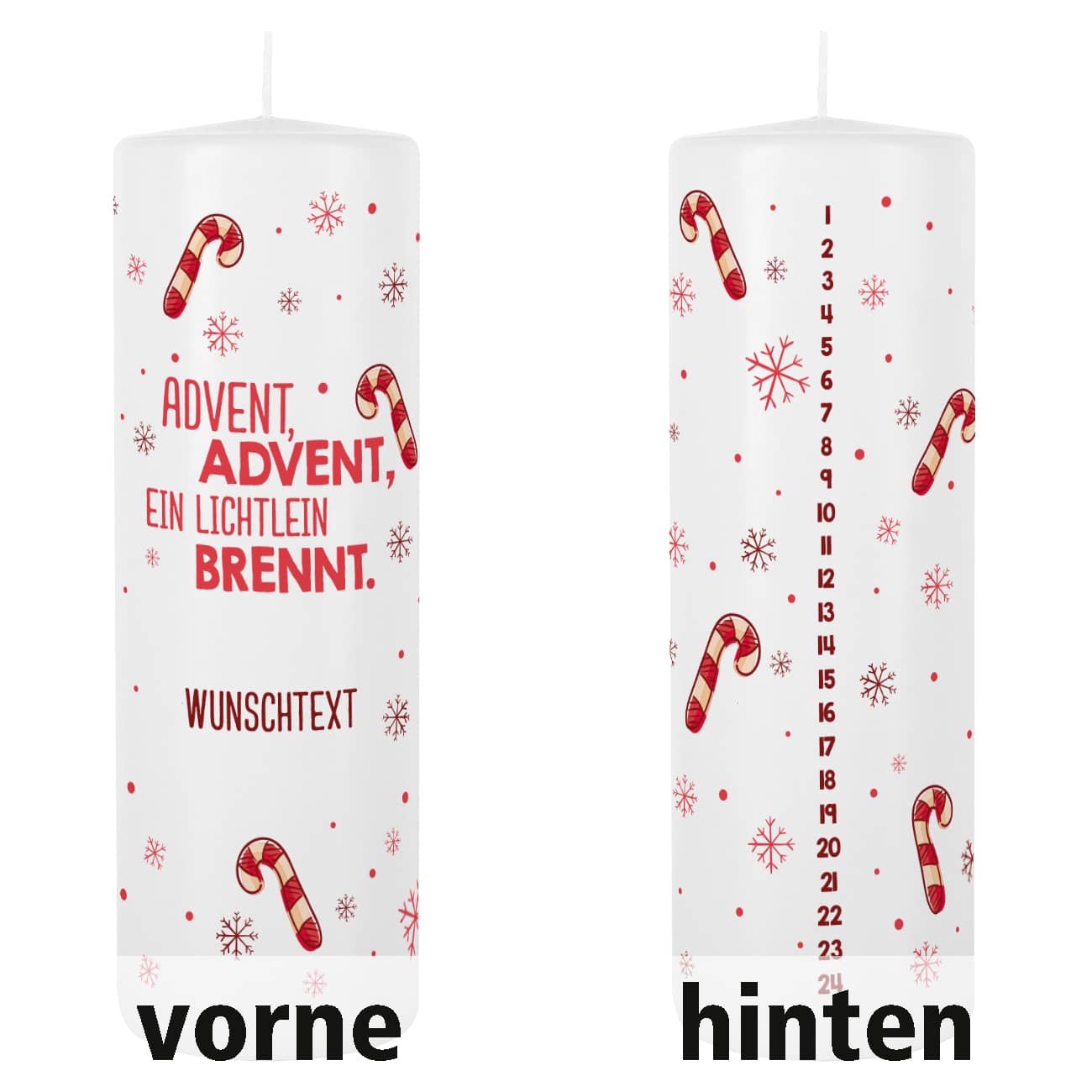 Adventskalender Kerze mit Zuckerstangen und Wunschtext
