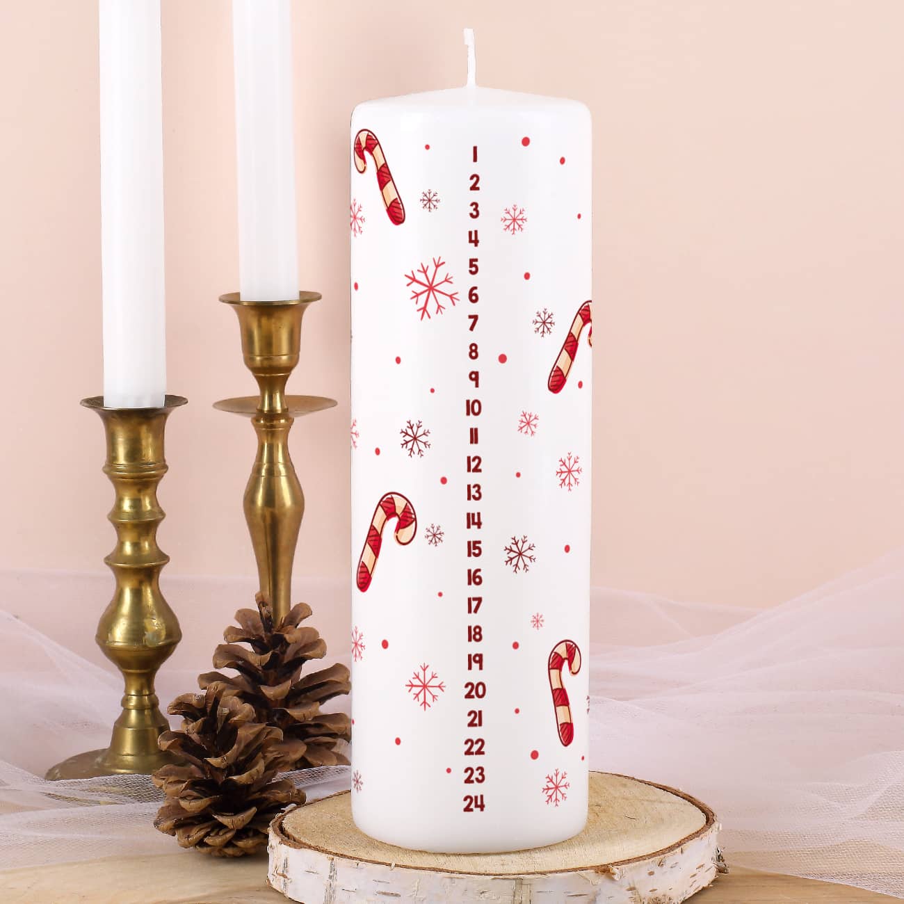 Adventskalender Kerze mit Zuckerstangen und Wunschtext