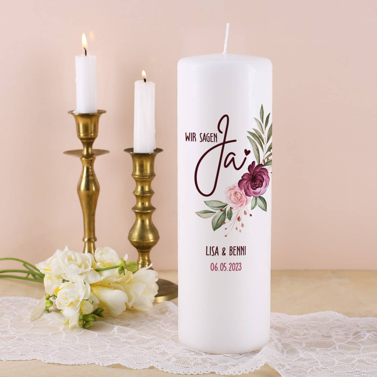 Hochzeitskerze mit Rosen Motiv, Namen und Datum bedruckt