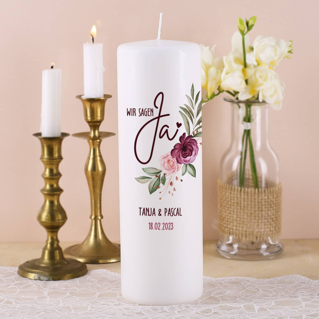 Wir sagen Ja! - Hochzeitskerze mit Namen und Datum
