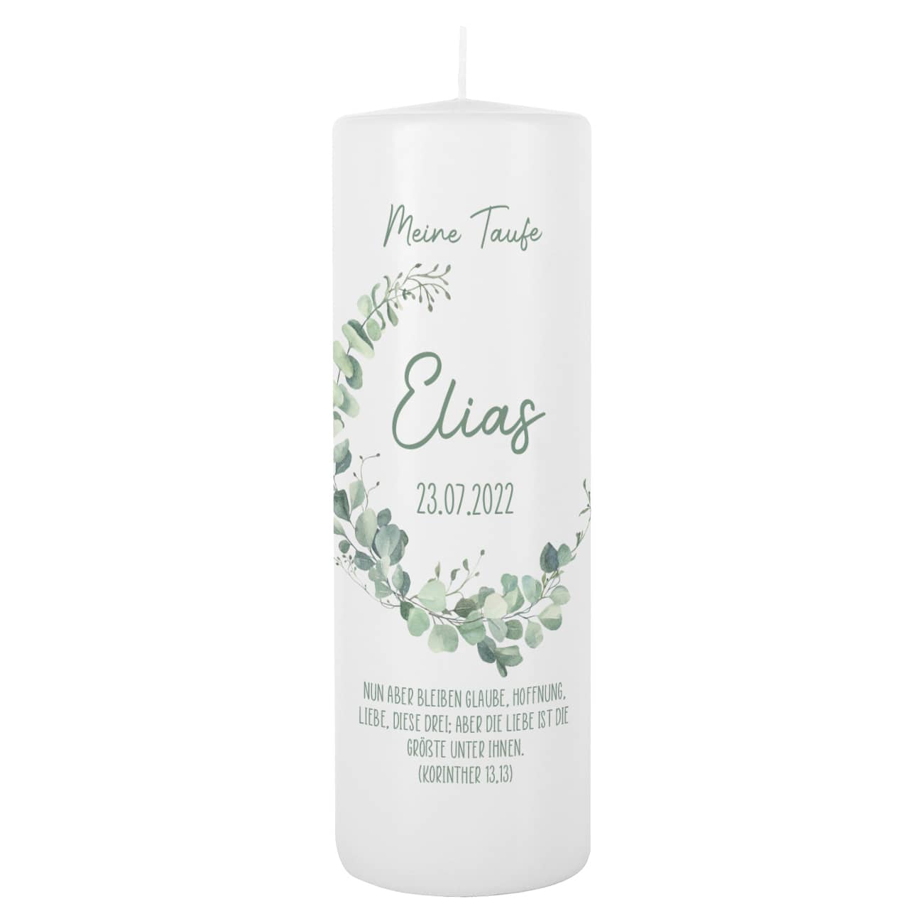 Taufkerze mit Name, Datum, Text und Quelle personalisiert