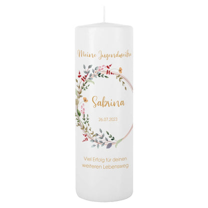 Weiße Kerze zur Jugendweihe mit Wildblumenmotiv im Watercolor-Stil