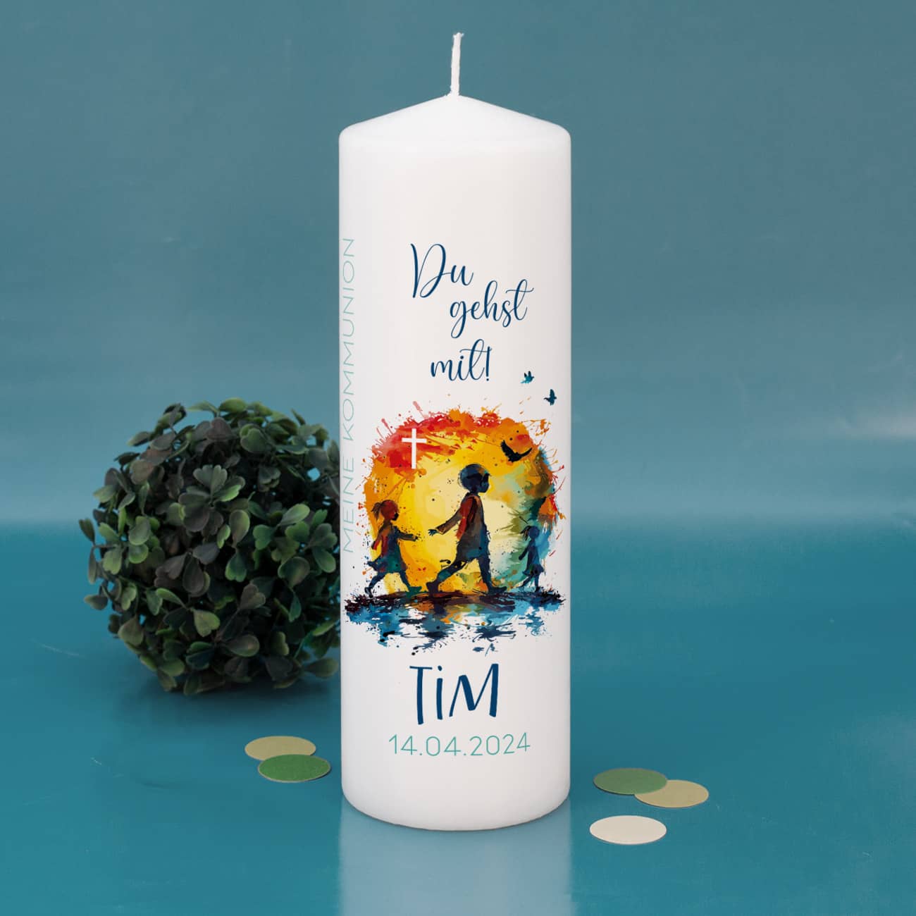 Persönliche Kommunionkerze - Du gehst mit - mit Name und Datum