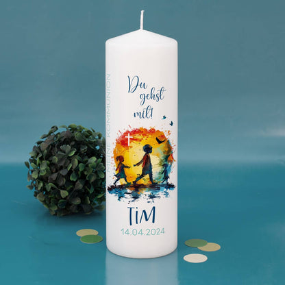 Persönliche Kommunionkerze - Du gehst mit - mit Name und Datum