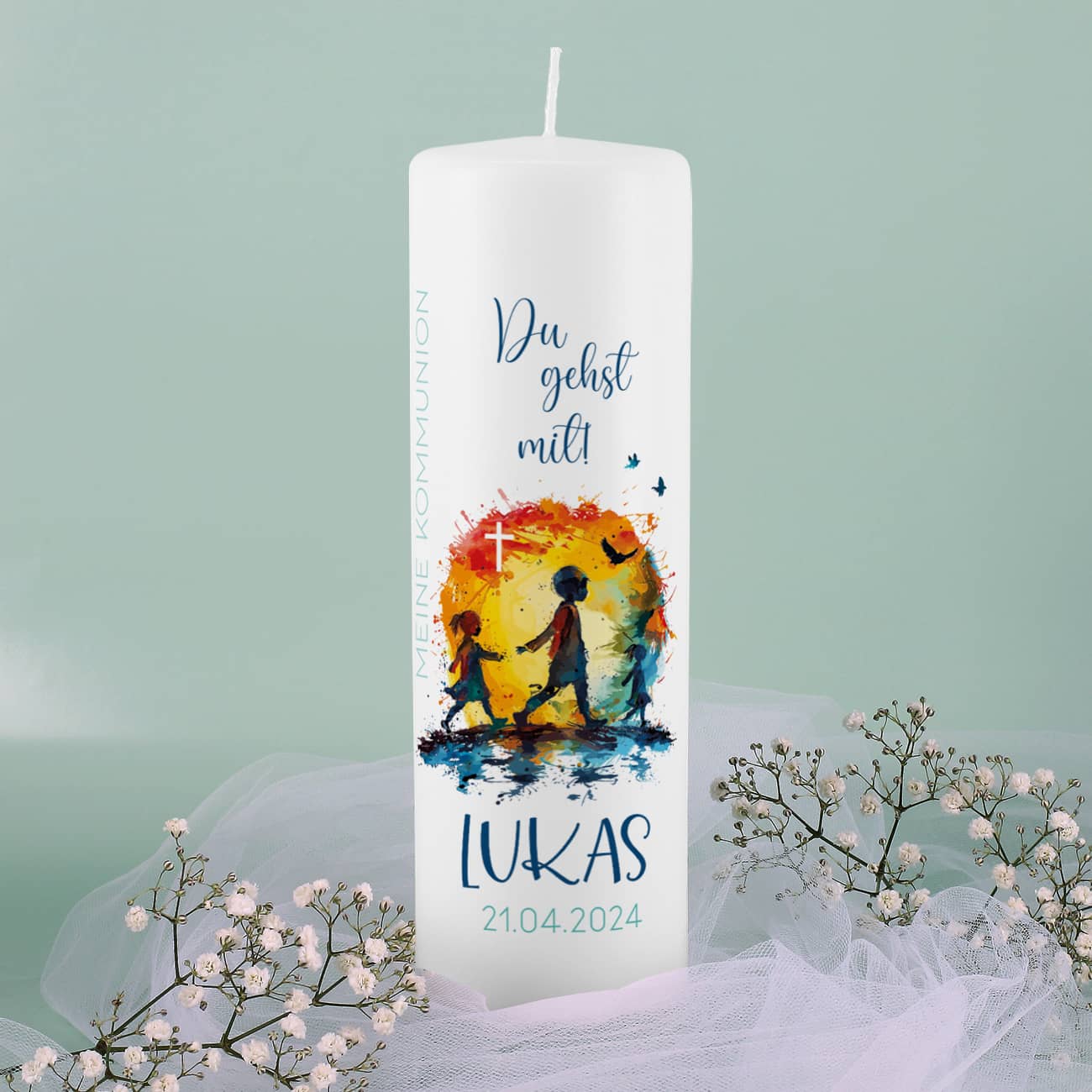 Kommunionkerze - Du gehst mit - mit Name und Datum