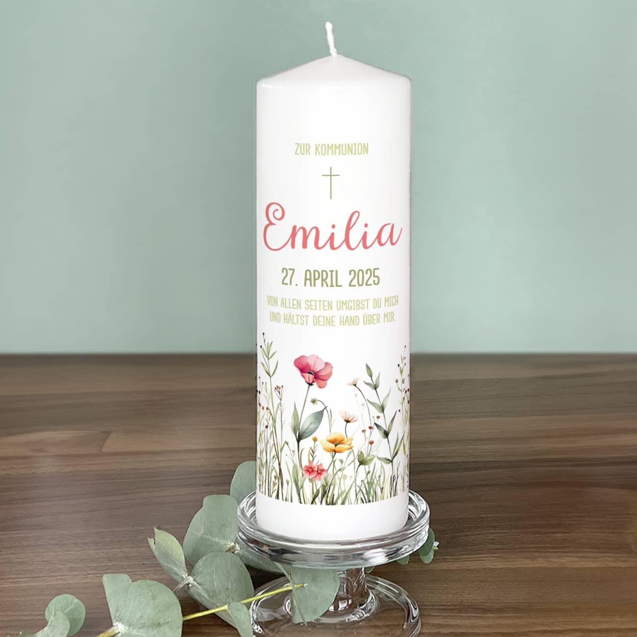 Kommunionkerze mit Wildblumen, Name, Datum & Kommunionsspruch