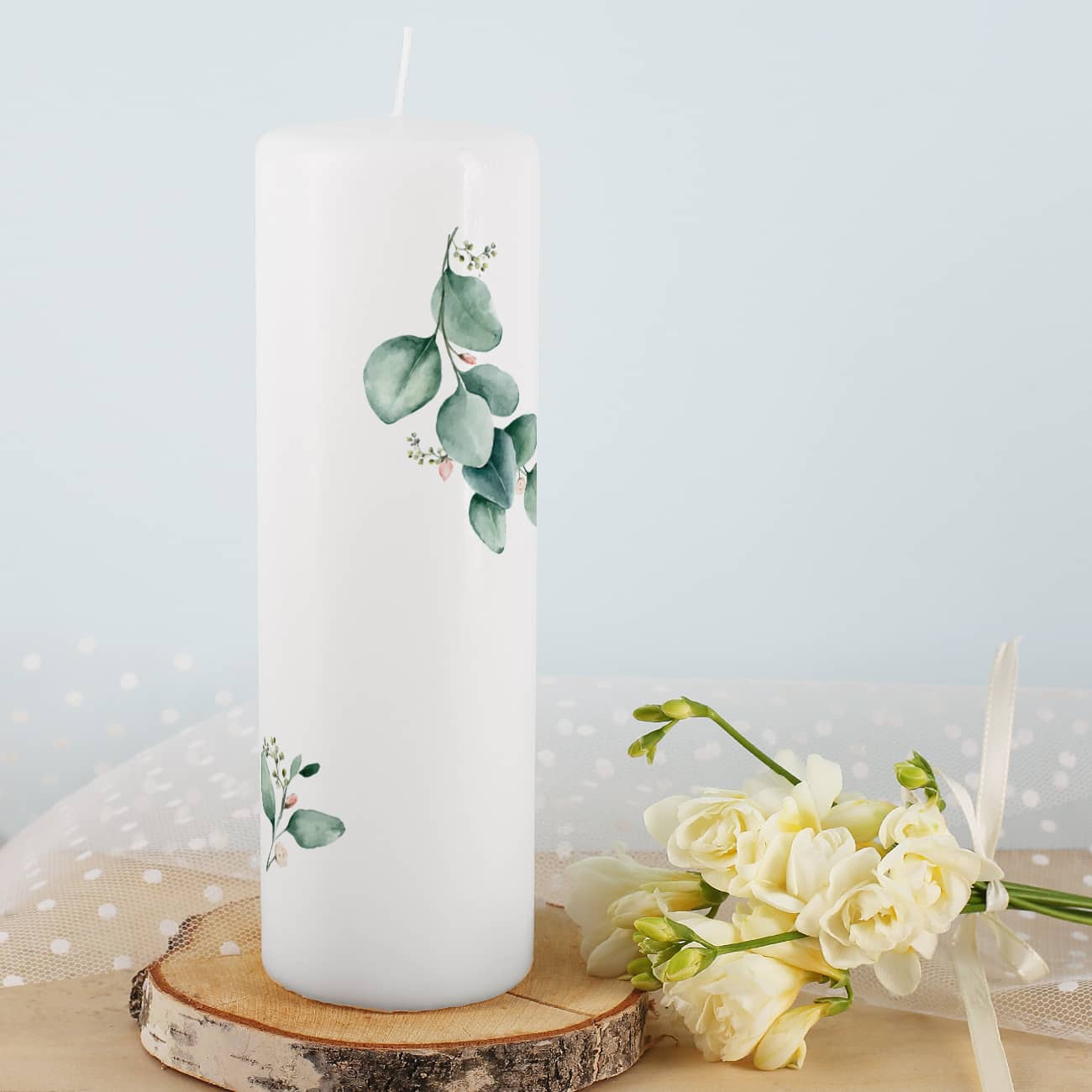 Kommunionkerze mit Eukalyptuszweig - Rückseite