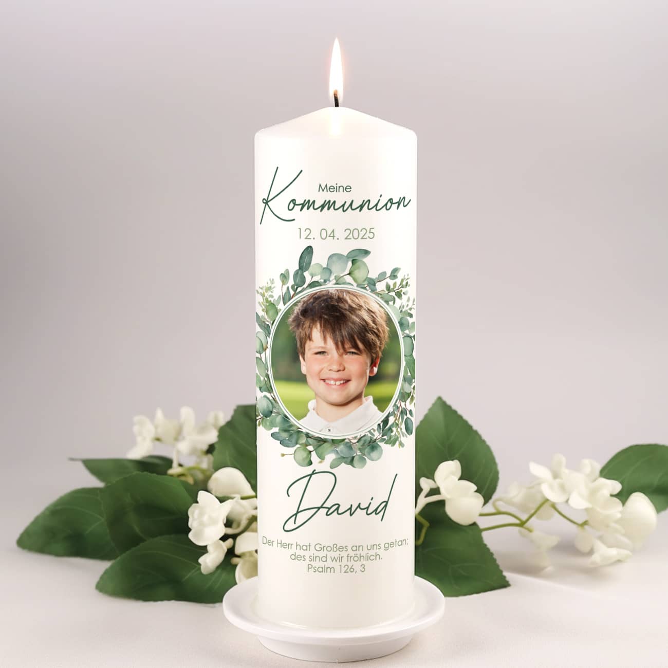 Fotokerze Kommunion, Eukalyptus, Name, Datum & Psalm