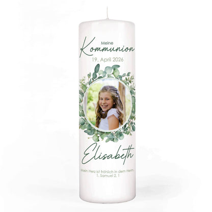 Kommunionkerze mit Foto, Eukalyptus, Name, Datum & Segenswunsch