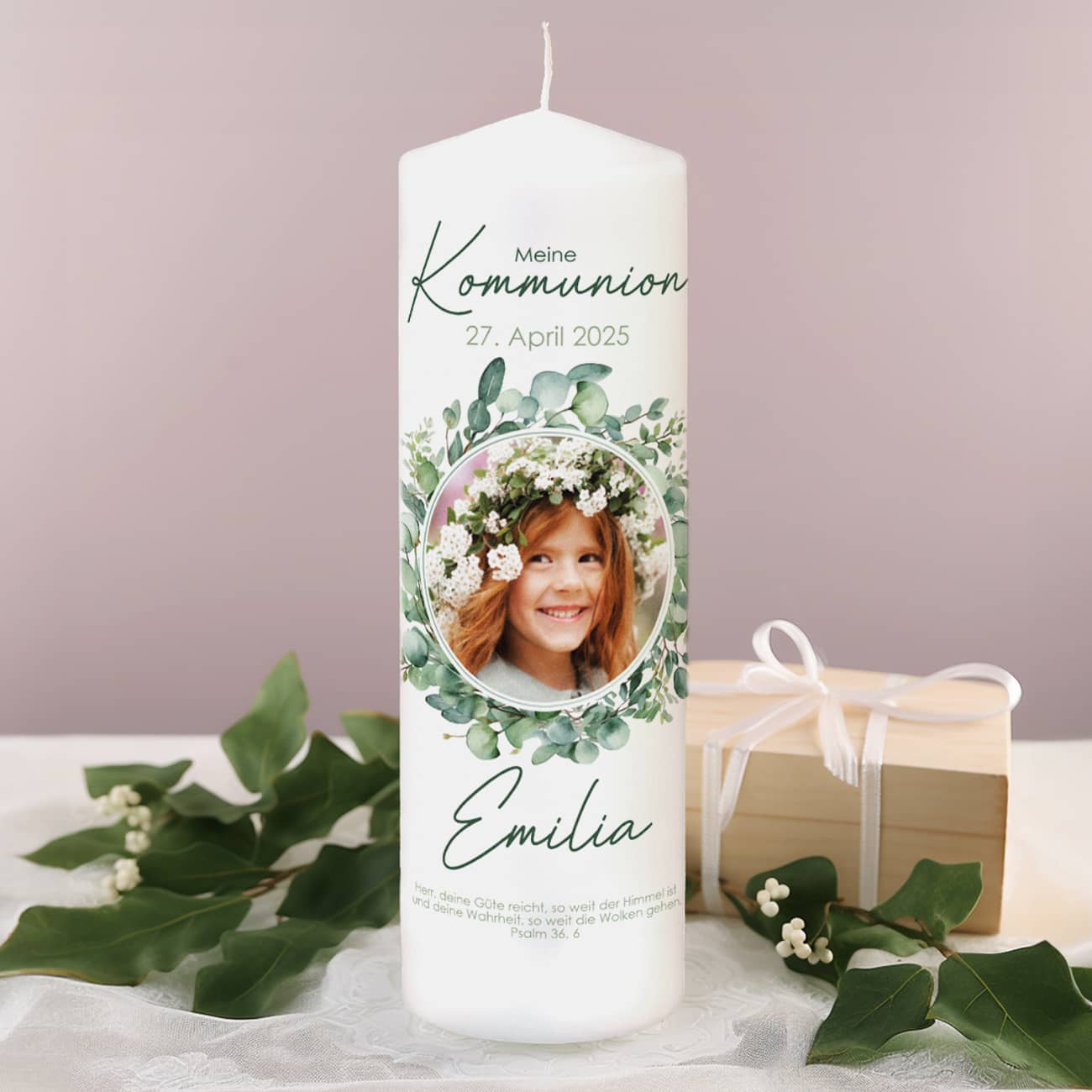 Kommunionkerze mit Foto, Eukalyptus, Name, Datum & Text