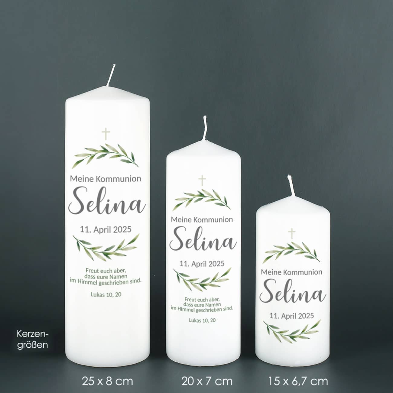 Kommunionkerze mit Zweigen, Name, Datum & Wunschtext, 3 Größen