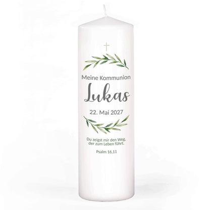 Kommunionkerze mit Zweigen, Name, Datum & Wunschtext