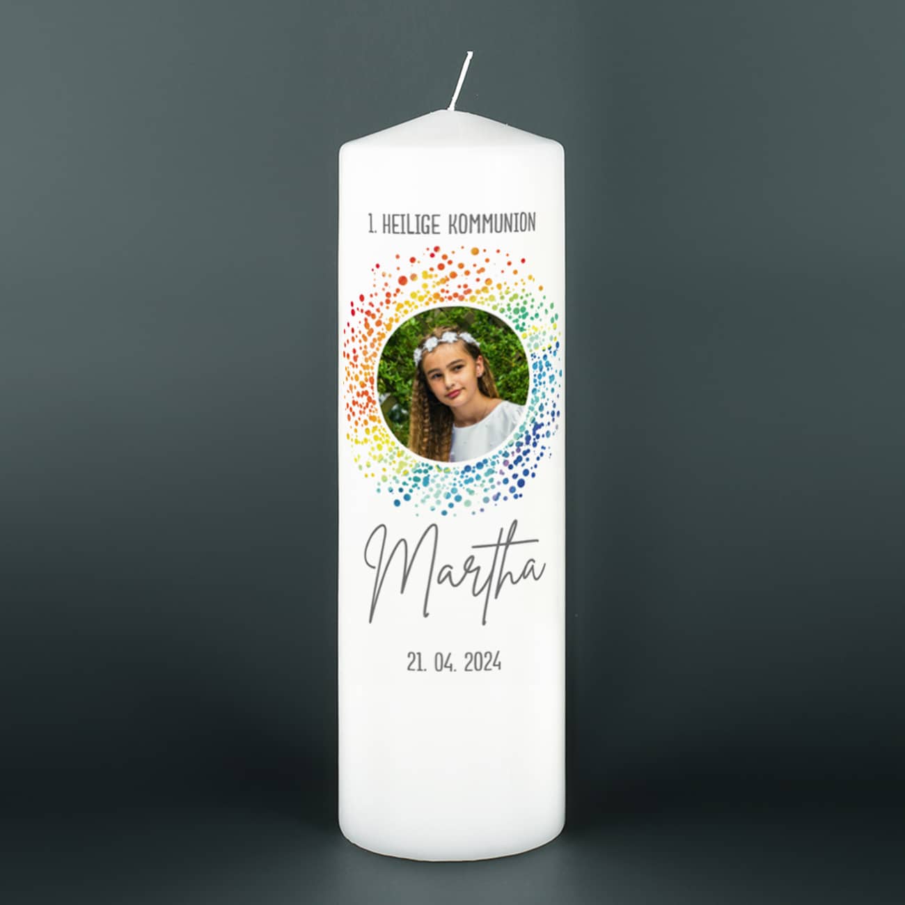 Kommunionkerze mit Foto im Regenbogen-Kreis 25 cm hoch