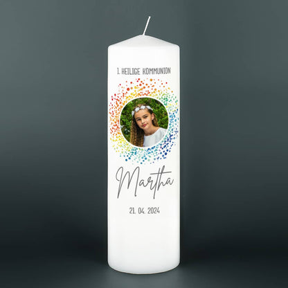 Kommunionkerze mit Foto im Regenbogen-Kreis 25 cm hoch