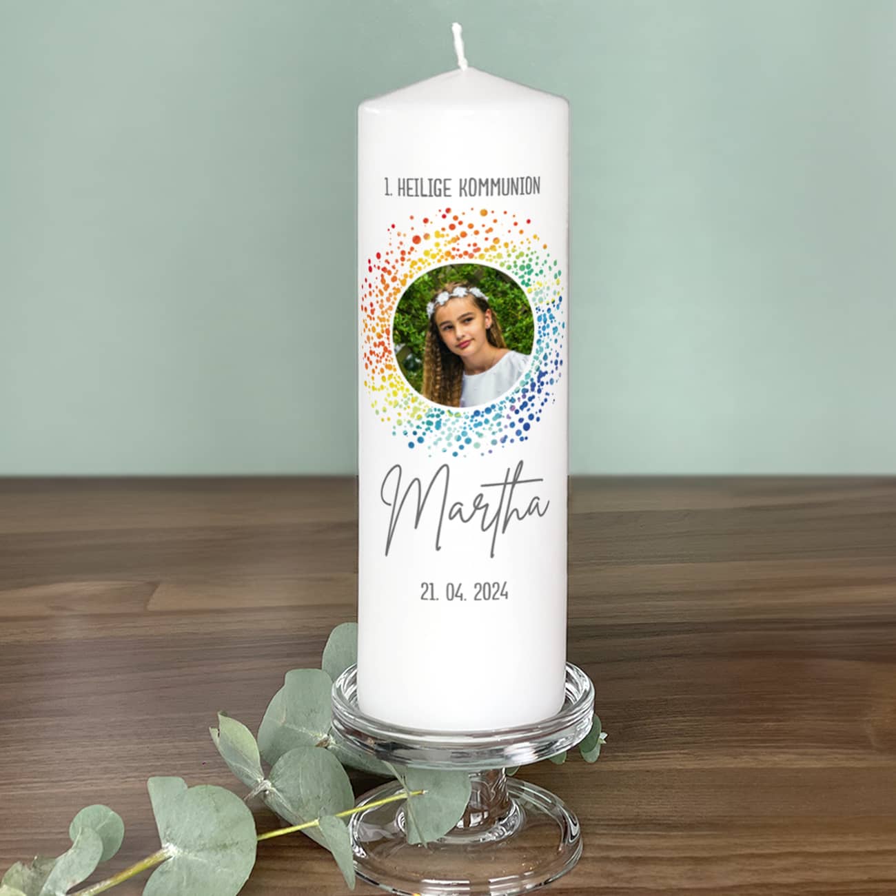 Foto- Kommunionkerze mit Name, Datum & Wunschtext