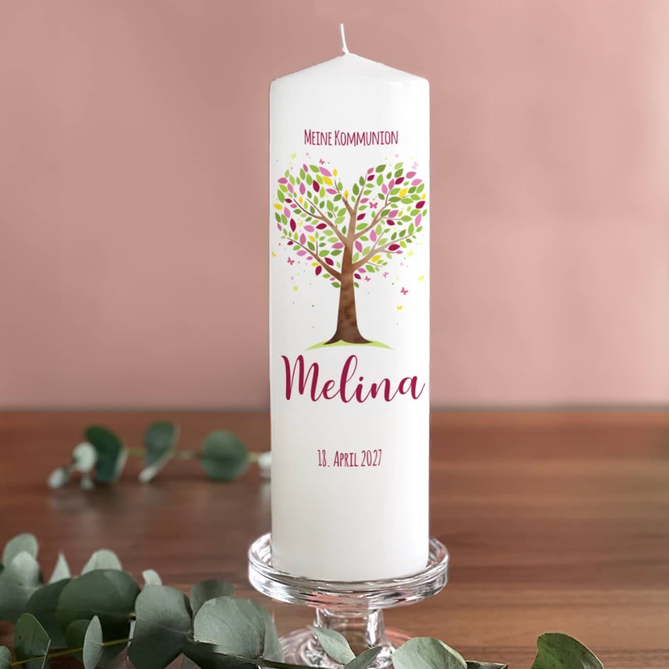 Kommunionkerze Lebensbaum rosa-violett mit Name, Datum & Wunschtext