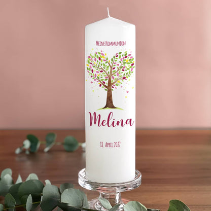 Kommunionkerze Lebensbaum rosa-violett mit Name, Datum & Wunschtext