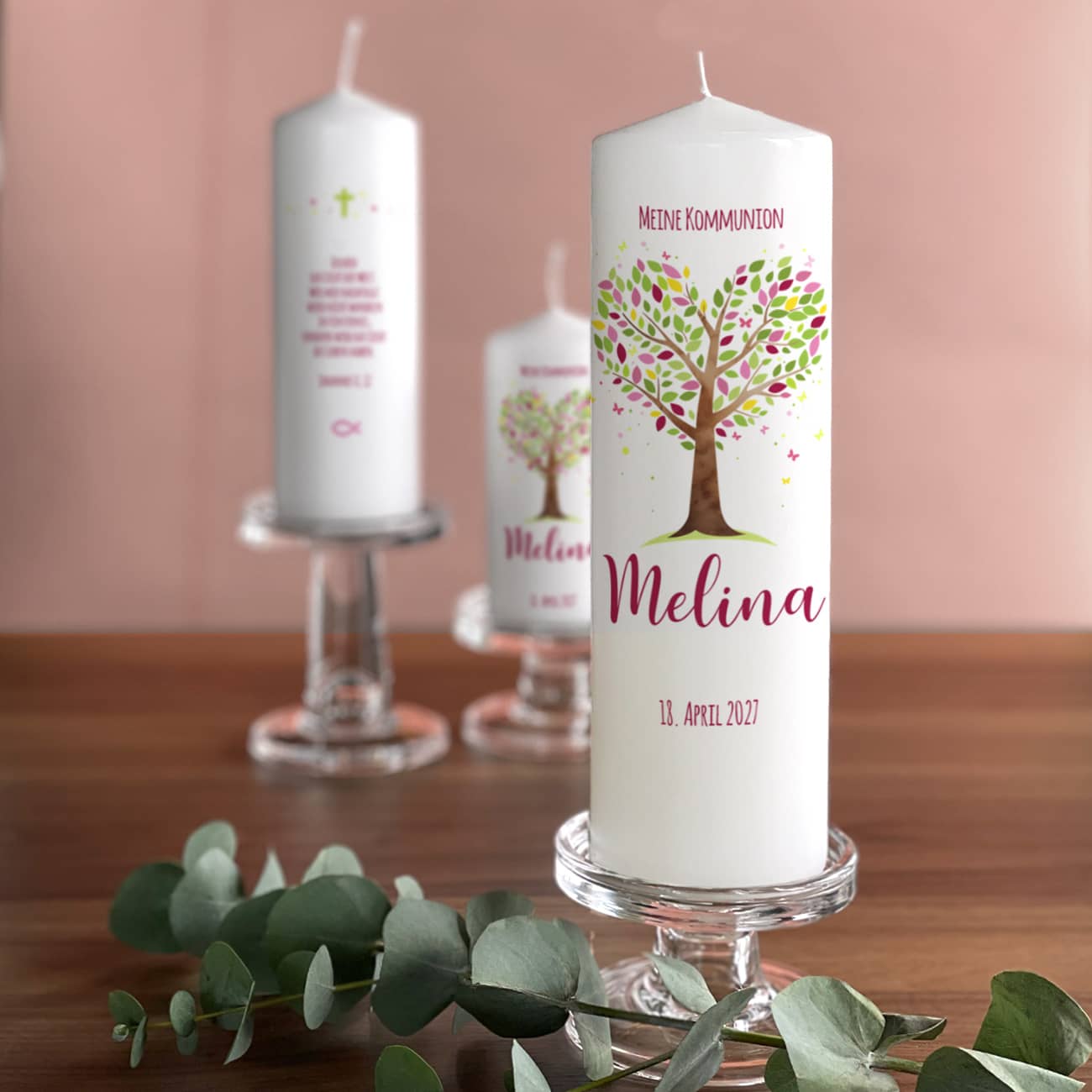 Kommunionkerze Lebensbaum rosa-violett umlaufend bedruckt