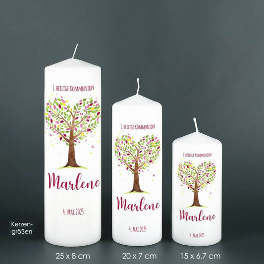 Kommunionkerze Lebensbaum rosa-violett, drei Varianten