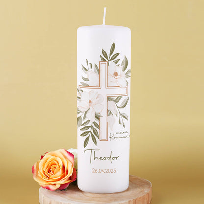 Kommunionkerze mit Kreuz und Blumenmotiv bedruckt