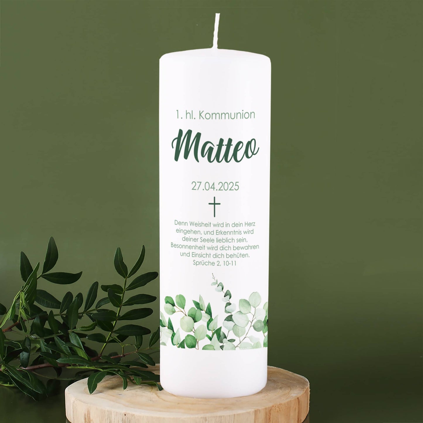Kerze mit Eukalyptusmotiv zur Taufe, Kommunion oder Konfirmation
