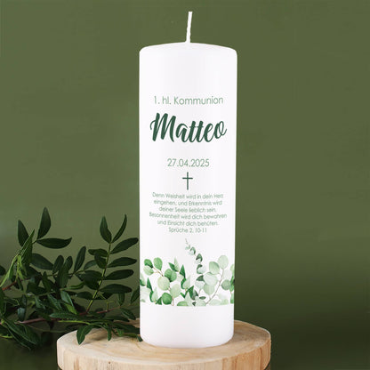 Kerze mit Eukalyptusmotiv zur Taufe, Kommunion oder Konfirmation