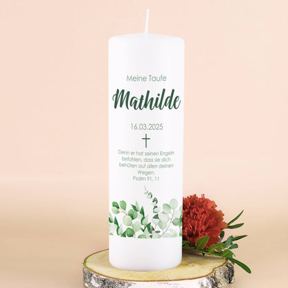 Kerze mit Eukalyptusmotiv zur Taufe, Kommunion oder Konfirmation