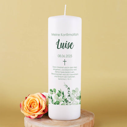 Kerze mit Eukalyptusmotiv zur Taufe, Kommunion oder Konfirmation