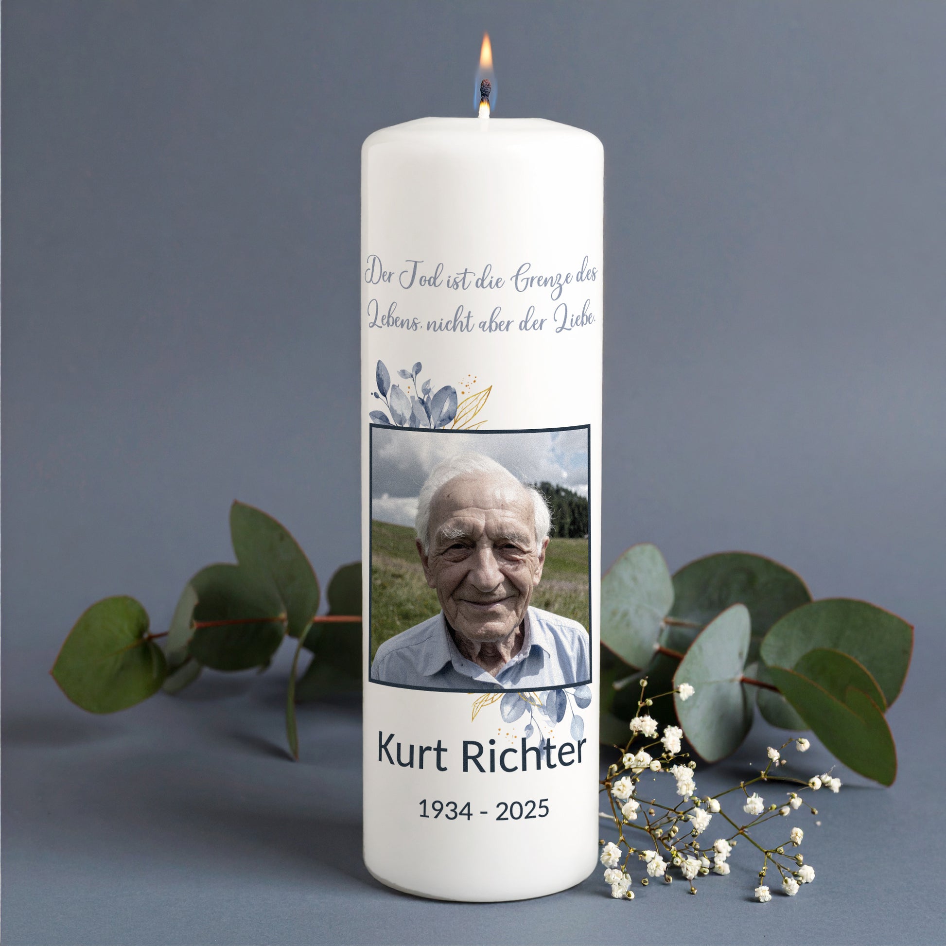 Personalisierte Trauerkerze mit Foto und Name