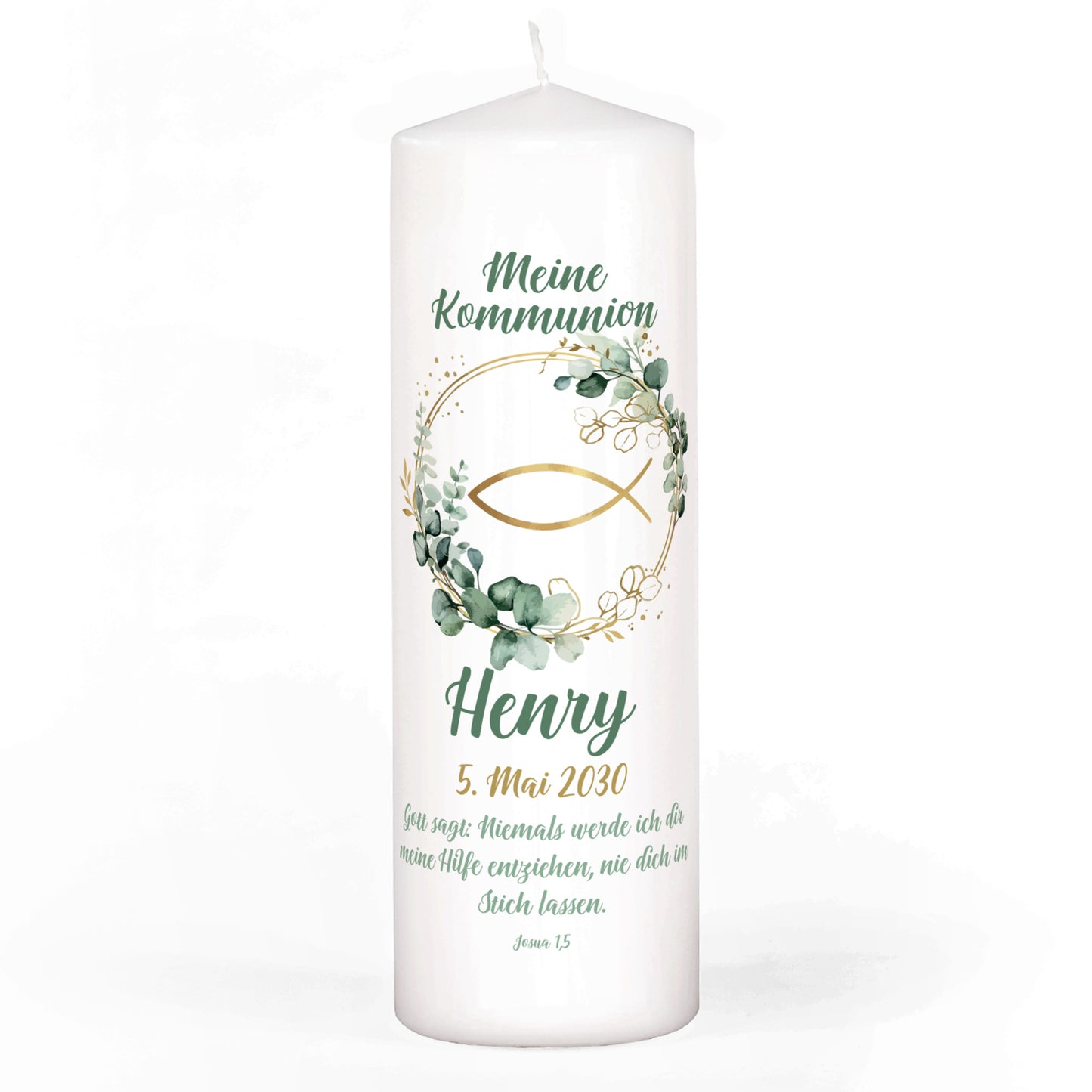 Weiße Kerze zur Kommunion mit Ichthys Fisch Motiv im Eukalyptuskranz, personalisiert mit Name und Datum