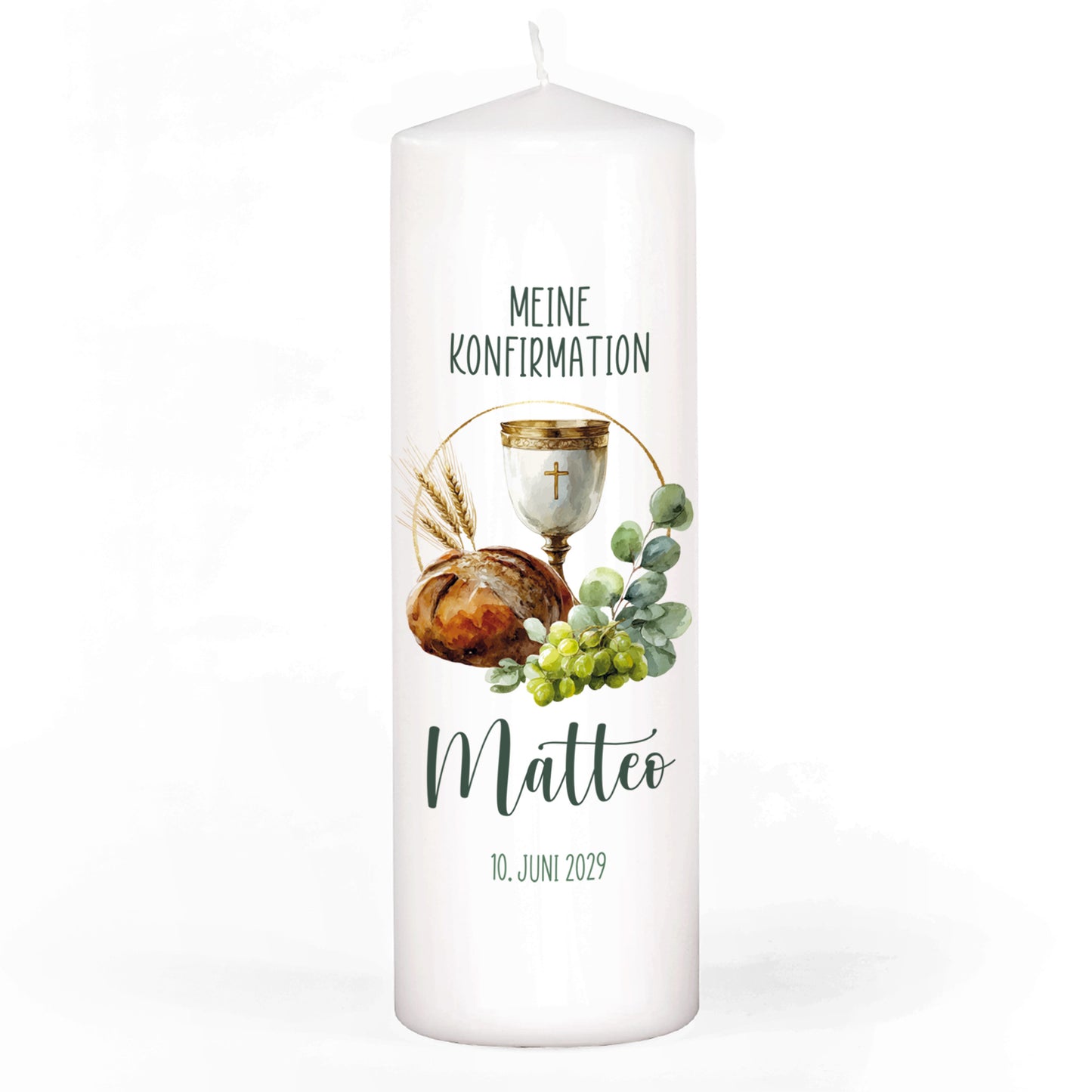 Weiße Konfirmationskerze Größe L mit christlichem Kelchmotiv, Brot und Trauben im Aquarellstil, ergänzt durch Eukalyptuszweig, mit Name und Datum bedruckt