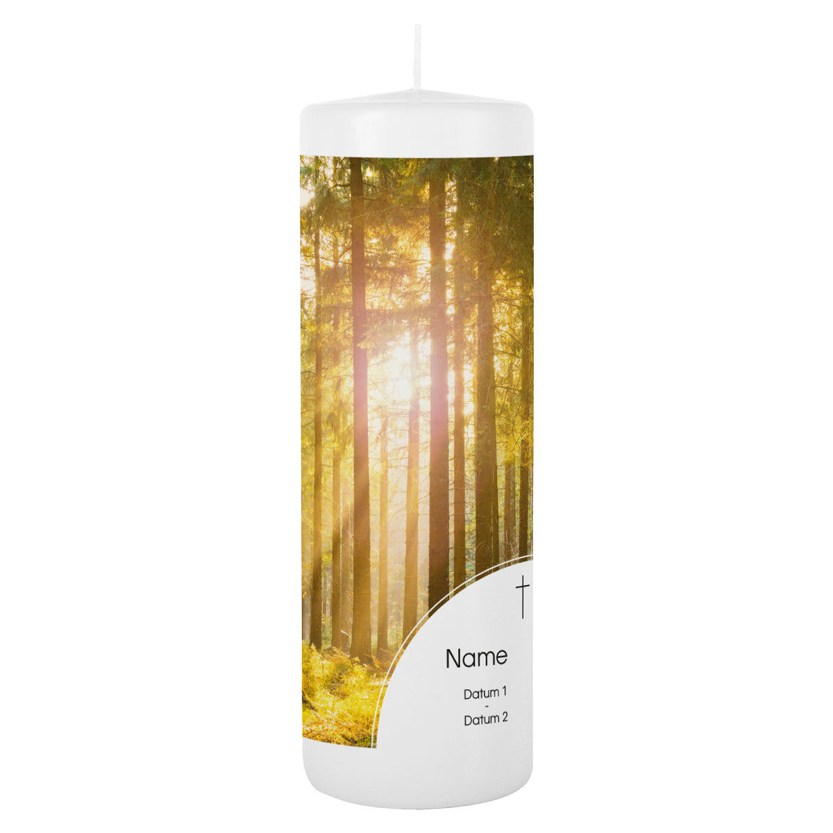 Trauerkerze mit Wald und Sonnenstrahlen