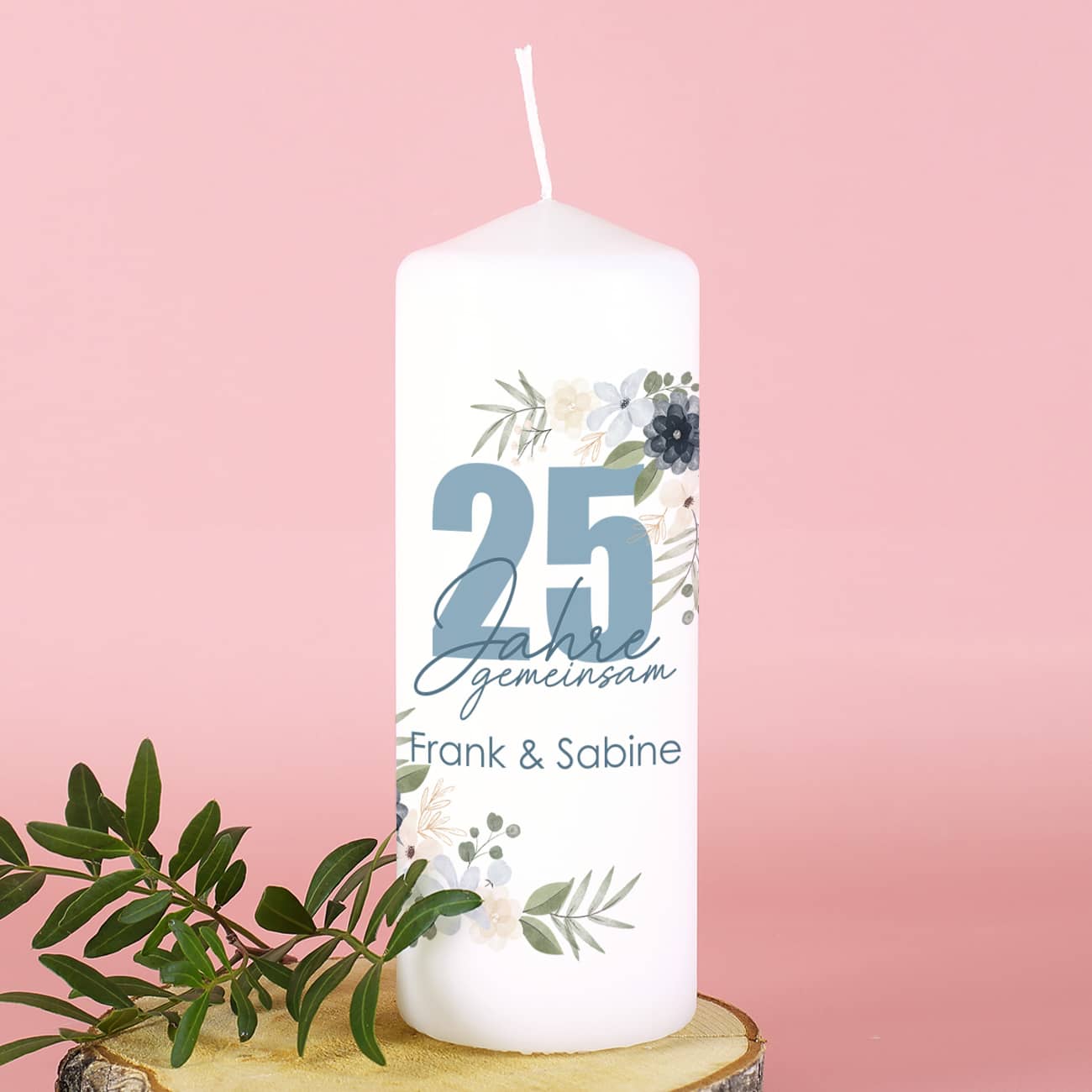 Kerze zur silbernen Hochzeit mit personalisiertem Druck