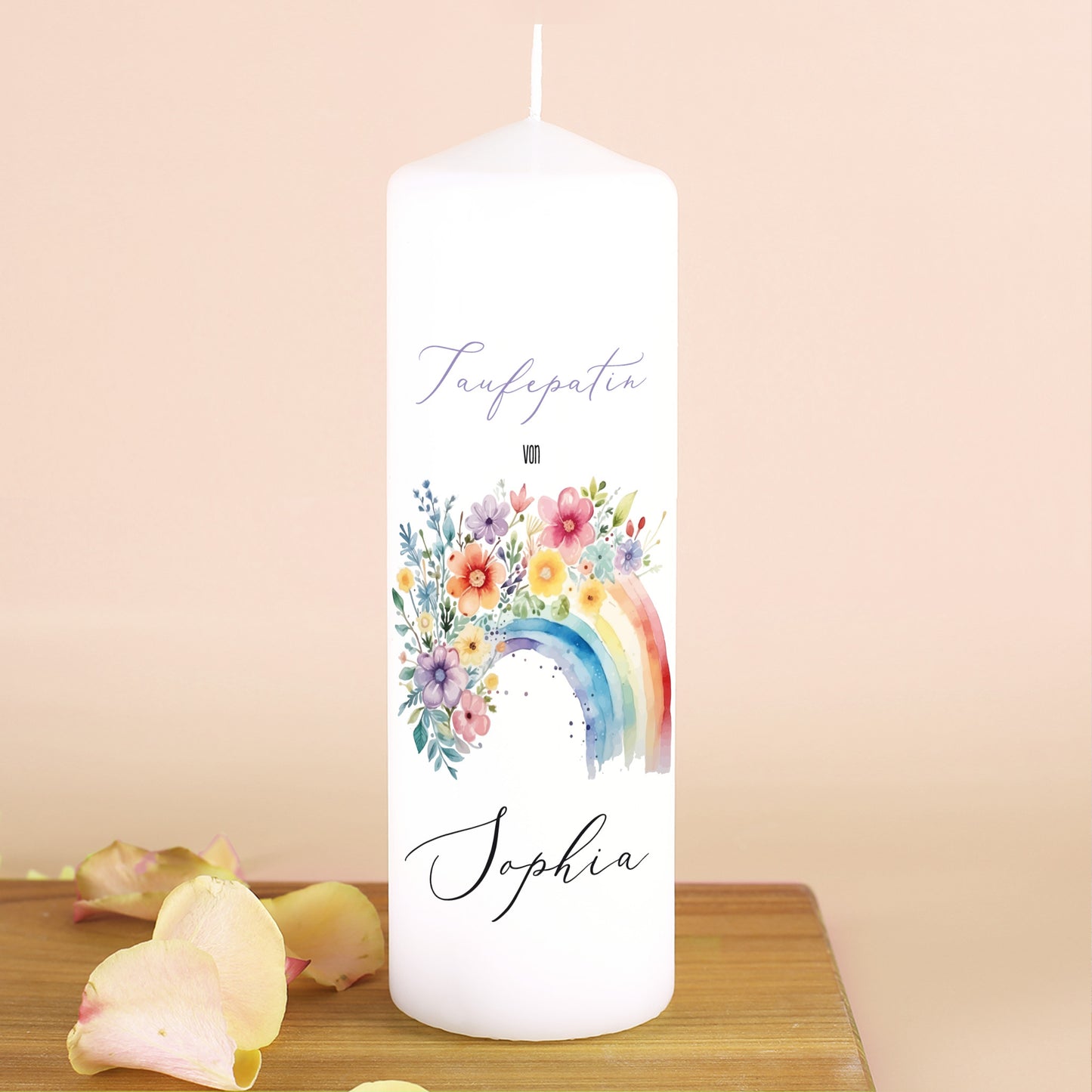 Personalisierte Kerze zur Konfirmation, Kommunion, Taufe, Jugendweihe | Blumen-Regenbogen Motiv