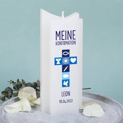 Kerze zur Konfirmation mit Name und Datum versehen
