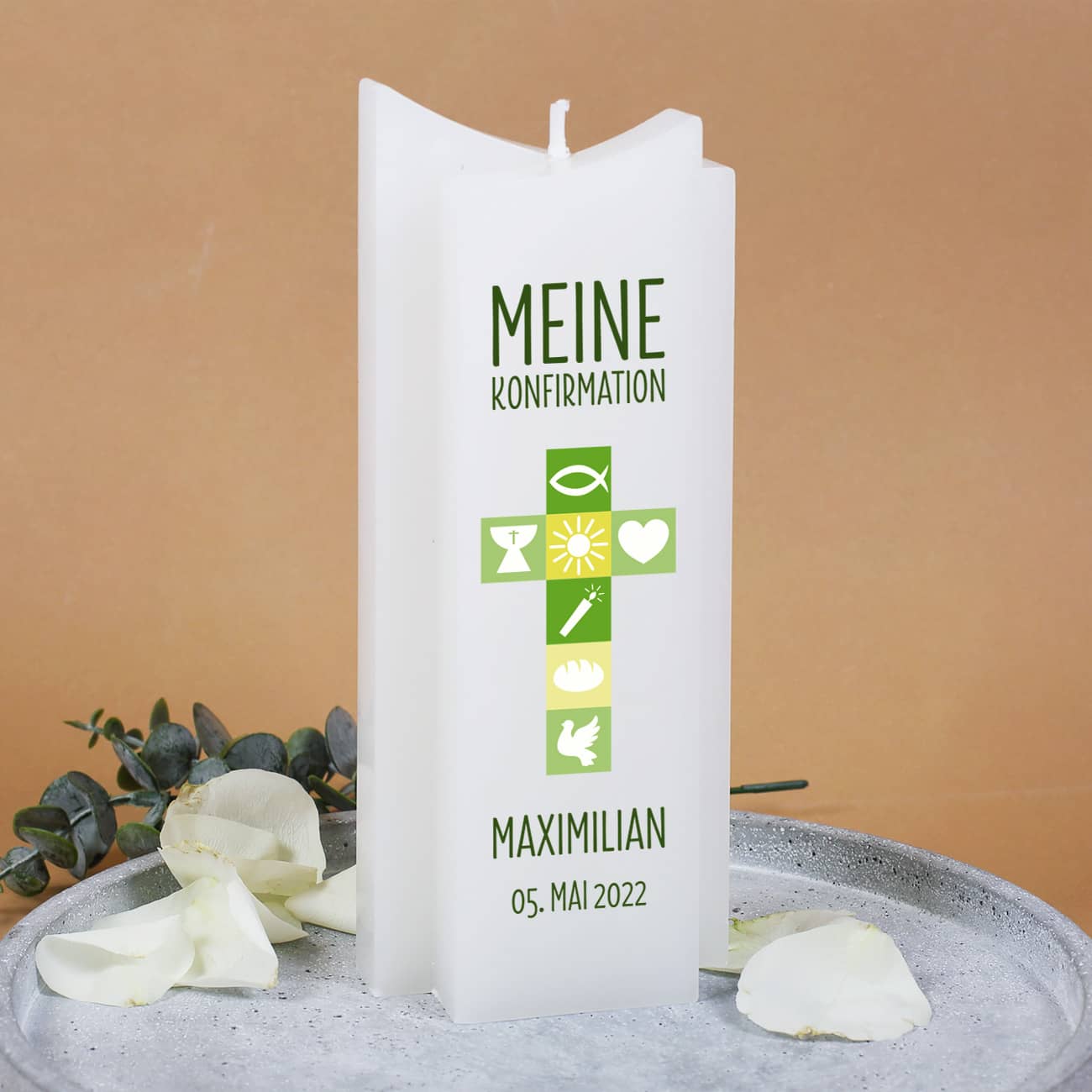 Wachskerze zur Konfirmation mit Ihrem Wunschnamen und Datum