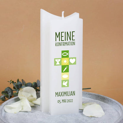 Wachskerze zur Konfirmation mit Ihrem Wunschnamen und Datum