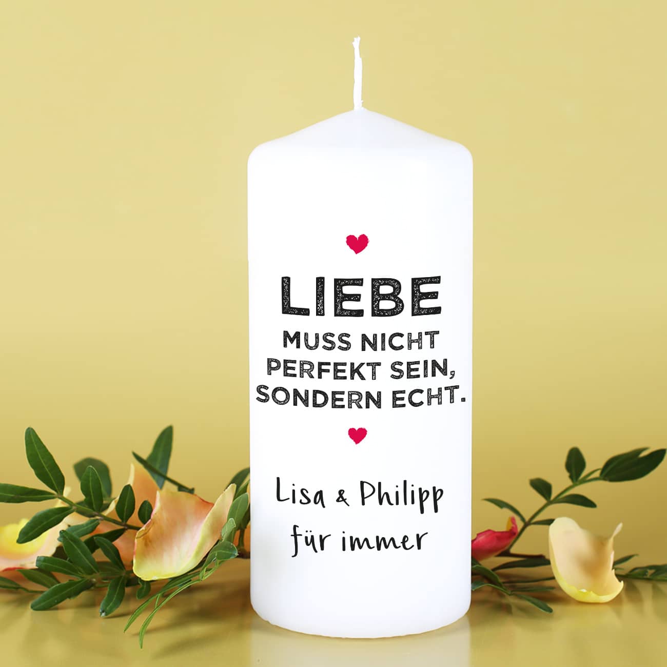Kerze mit Aufdruck - Liebe muss nicht perfekt sein, sondern echt.