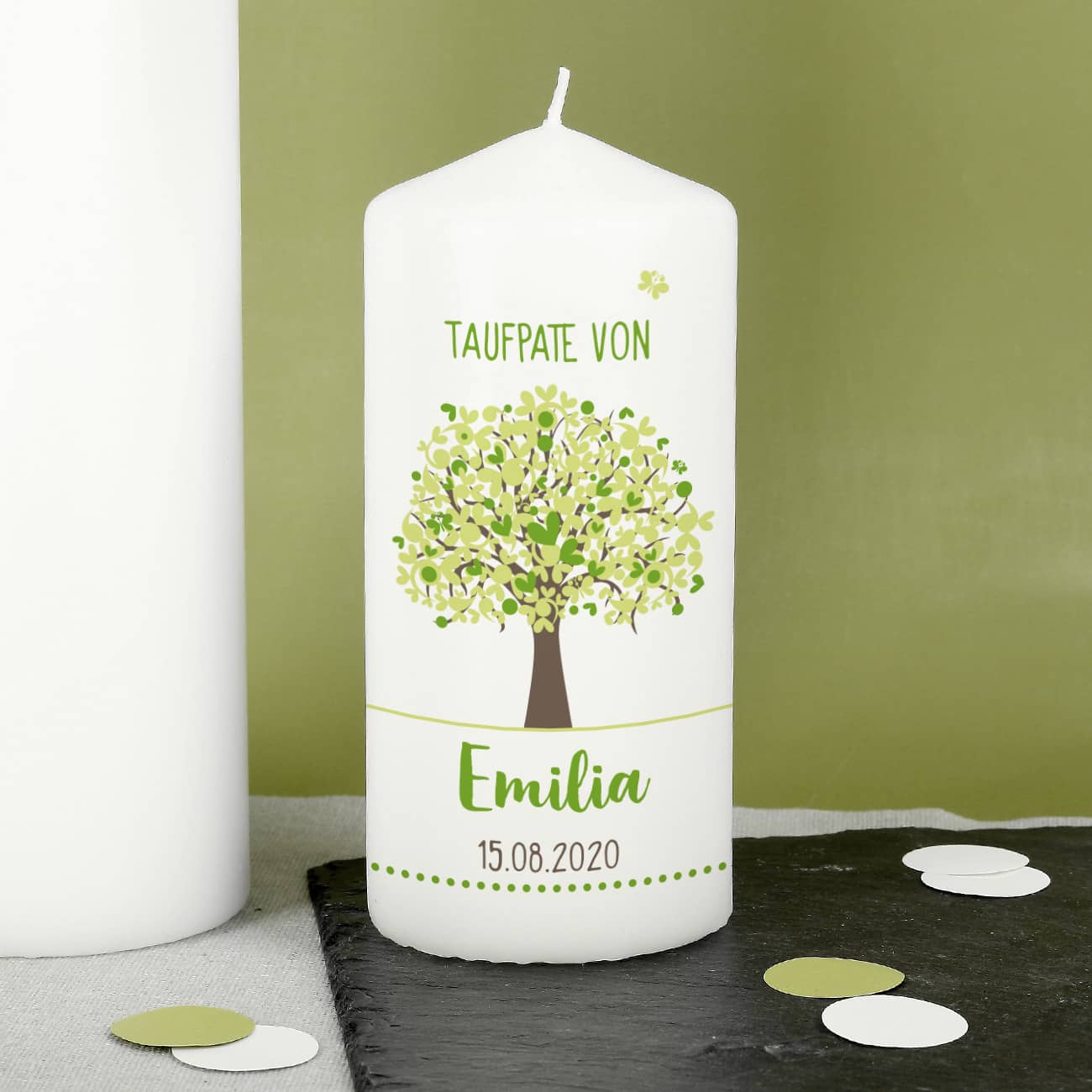 Patenkerze mit grünem Lebensbaum