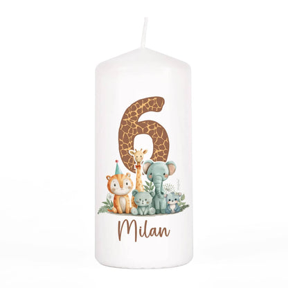 Kindergeburtstags-Kerze mit großer Zahl, Wildtieren und Name