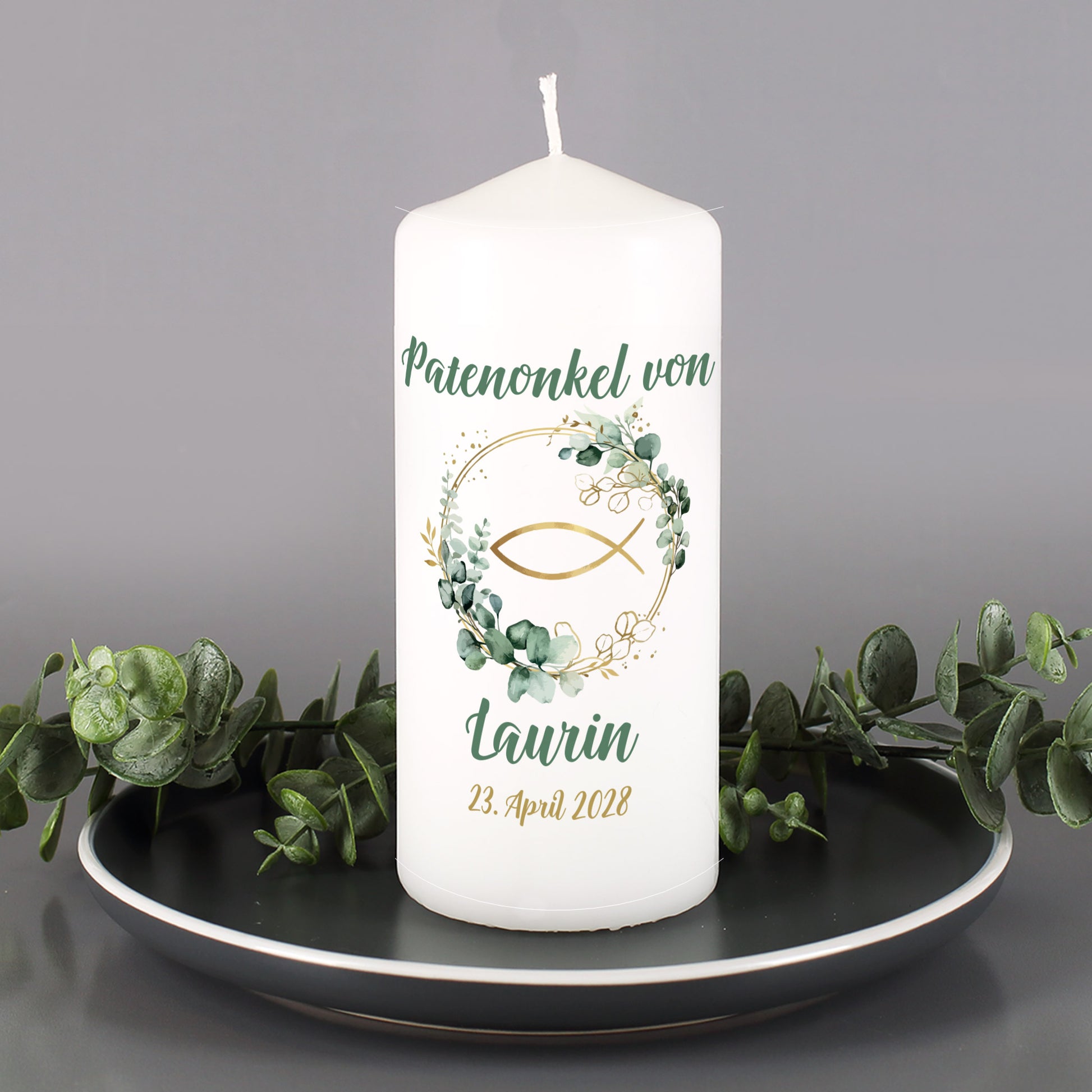 Kommunionkerze mit Aufdruck „Patenonkel von“ und personalisiertem Namen Laurin