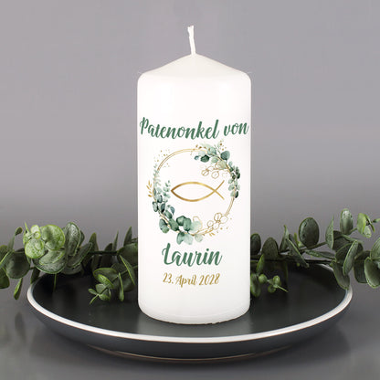 Kommunionkerze mit Aufdruck „Patenonkel von“ und personalisiertem Namen Laurin