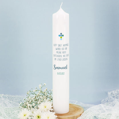 Rückseite der 6x38cm großen Kommunionkerze mit Psalm, Name und Datum