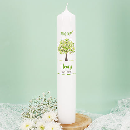 persönlich bedruckte Taufkerze (6x38cm) mit grünem Lebensbaum, Name, Datum und Wunschtext/Psalm